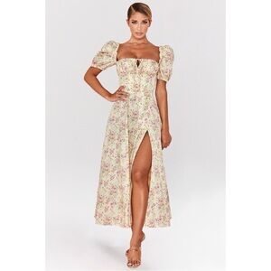 House of CB Tallulah Puff Sleeve Corset Midi Sundress in Lemon‎ Floral